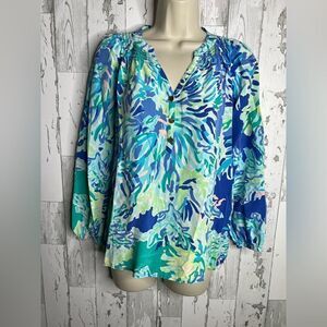 Lilly Pulitzer Elsa Leaf Tropical Silk Blouse Blue Green Tunic Shirt Top Size XS